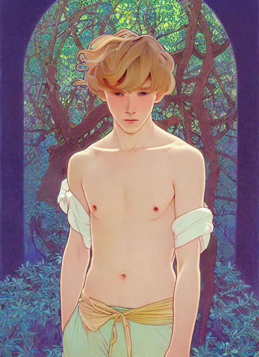 Image similar to pretty young man with shoulder length blond hair, male, half body shot, path traced, highly detailed, high quality, digital painting, by studio ghibli and alphonse mucha, leesha hannigan, hidari, art nouveau, chiho aoshima, posuka demizu