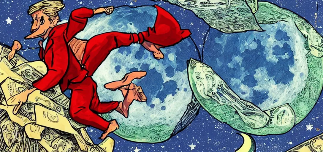 Image similar to mr beast surfing on money beyond the moon