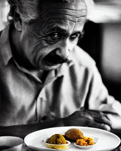 Image similar to A photo of Albert Einstein eating Idli Sambar, highly detailed, trending on artstation, bokeh, 90mm, f/1.4