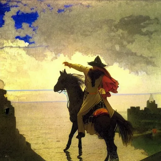 Image similar to Magician riding a horse leaving the castle through the bridge, thunderstorm, beach ocean on the background major arcana sky, by paul delaroche, alphonse mucha and arnold böcklin arnold böcklin hyperrealistic 8k, very detailed