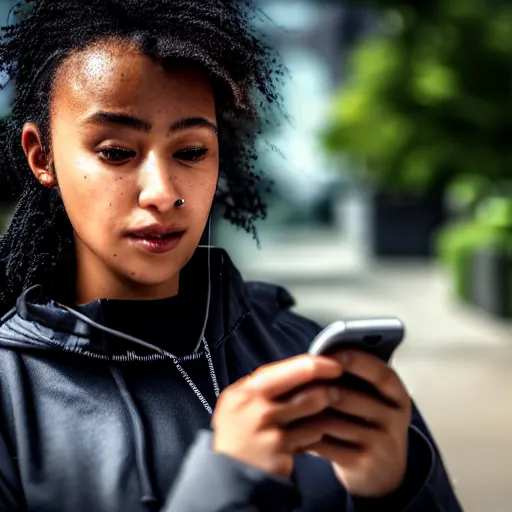 Image similar to candid photographic portrait of a poor techwear mixed young woman using a phone inside a dystopian city, closeup, beautiful garden terraces in the background, sigma 85mm f/1.4, 4k, depth of field, high resolution, 4k, 8k, hd, full color