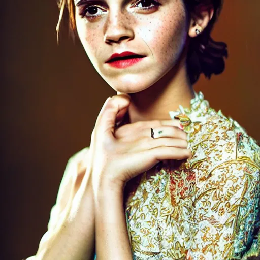 Image similar to 3 5 mm coloured film portrait of emma watson wearing kebaya, hyperrealism, photorealistic, detailed, atmospheric, 8 k, award winning photography, cinematic