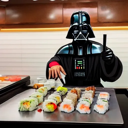 Image similar to darth vader making sushi behind a counter at a sushi restaurant