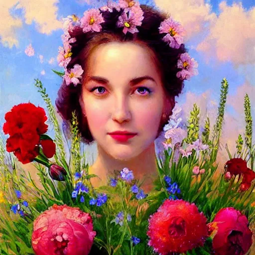 Image similar to a portrait of a romantic woman with flowers grow out of hair, roses peonies forget-me-nots dahlias lupins gladioli, sky theme in background, by Alexandr Averin, Digital Art, Trending on artstation