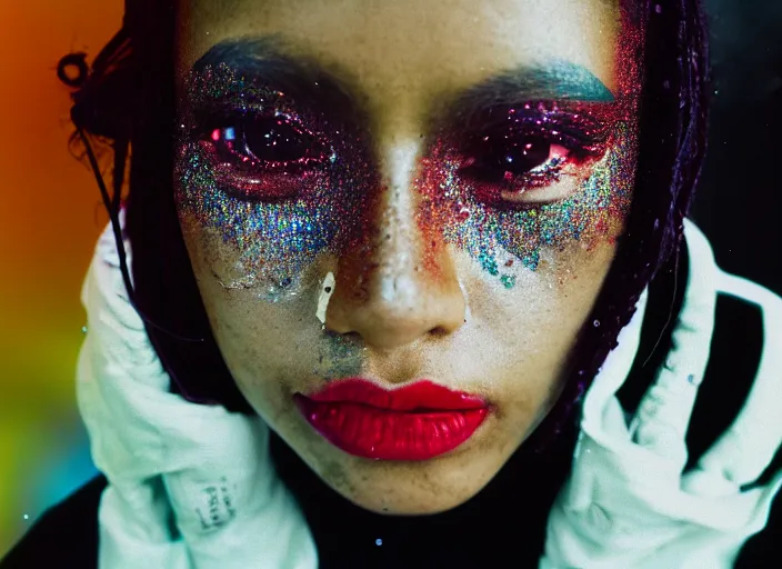 Prompt: photograph from above of a techwear mixed woman wearing thick mascara and dark glitter makeup crying outside of a city on fire, tattoos, Cinestill 50d, 4k, 8k, hd, full color