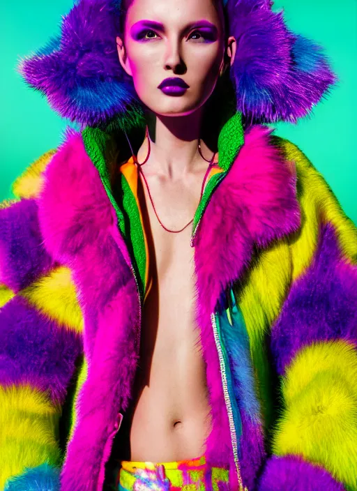 Prompt: stylish coat for a rave, bright colors, many details, prints, photo for a magazine, photo for a store, fashion photography, Vogue, 135 mm, cinematic, hyper realism, high detail, octane render, 8k, chrome accents, very coherent symmetrical artwork, perfect face model, full length photo, Upper and lower body, light skin tone