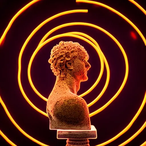 Prompt: a 3 d neon circle on a renaissance statue head, black background, ray tracing, 8 k resolution, sharp focus, hyper detailed, hyper realistic