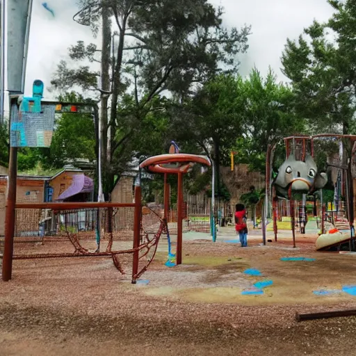 Image similar to studio ghibli post apocalyptic playground with little kids playing on it