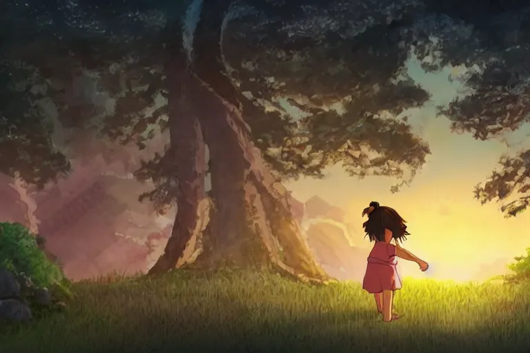 Image similar to Studio ghibli style little girl with two ponytails playing in a sandbox at sunset with a forest background, Studio ghibli, ultra realistic, fantasy, intricate, trending on artstation