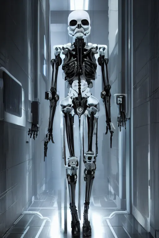 Prompt: skeletal black mecha walking down white marble hallway, Skeletal face android face one eye. mecha (carbon fiber) long limbs black panels reflective. Skeletal face android face one eye ((glowing_red_eye)) exposed wiring cable wire harness RTX On UE5 Artstation Bladerunner_2049_scene!!!!!! Cyberpunk 2077 bladerunner2049!!! bladerunner!!!
