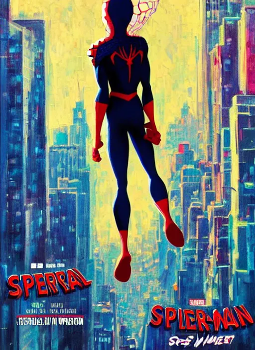 Image similar to spider - man into the spider - verse ( 2 0 1 8 ), anime key visual concept art of, spider woman standing on a balcony in new york city, golden rays, by alberto mielgo, 6 0's french movie poster, french impressionism, vivid colors, palette knife and brush strokes, fish eye lens, anaglyph