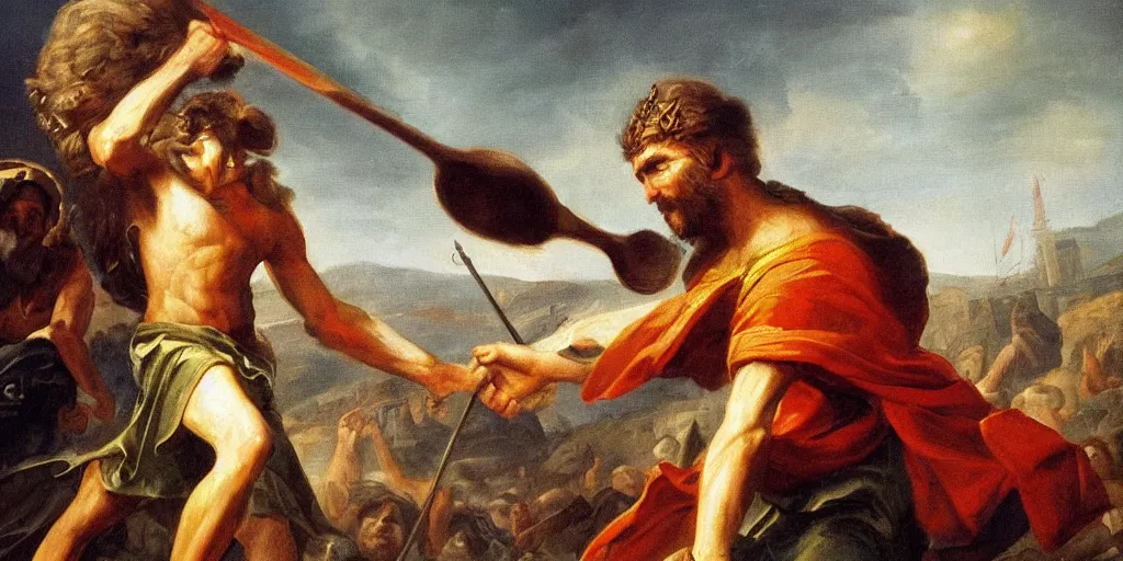 Image similar to high quality high detail painting, of david killing giant goliath