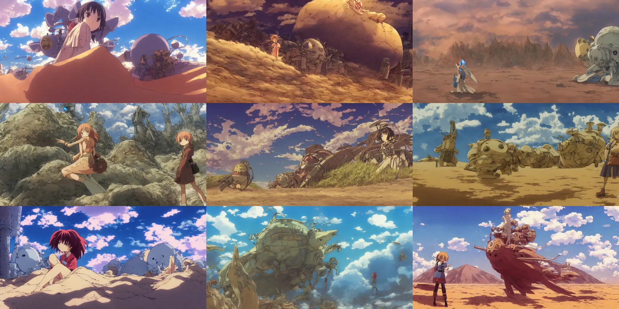 Prompt: anime movie screenshot, by ( ( ( ( ( ( ( yoshitaka amano ) ) ) ) ) ) ), by ghibli!!! nausicaa!!!!!, desert!!!!!!!!!!!, sand, scenic, miyazaki, vibrant, dof, motion, airship, flying beetles