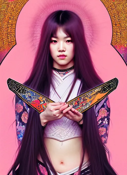 Prompt: jossi of blackpink, female samurai, tarot card, highly detailed, digital painting, smooth, sharp focus, illustration, ultra realistic, 8 k, art by artgerm and alphonse mucha