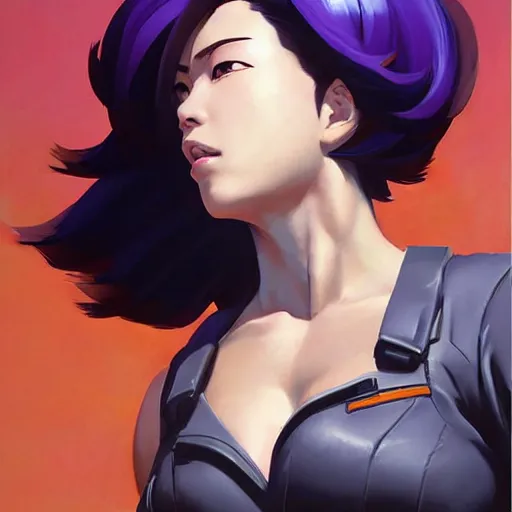 Prompt: greg manchess portrait painting of major motoko kusanagi as overwatch character, totally whack, medium shot, asymmetrical, profile picture, organic painting, sunny day, matte painting, bold shapes, hard edges, street art, trending on artstation, by huang guangjian and gil elvgren and sachin teng