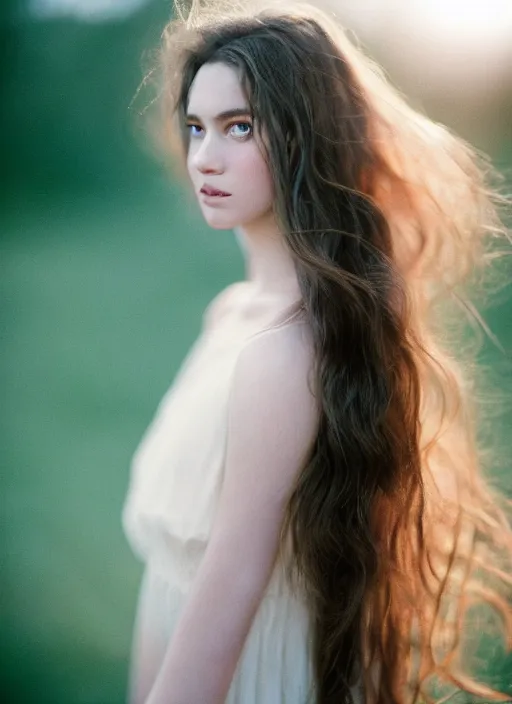 Image similar to cinestill 5 0 d photo portrait of a beautiful woman, delicate, dreamy, subsurface scattering, long hair floating in air in style of gilles zimmermann, 5 0 mm lens, f 2. 4, sharp focus, ethereal, emotionally evoking, head in focus, soft blur light, matt dreamy colour scheme, volumetric lighting, hyperrealistic, ultradetailed