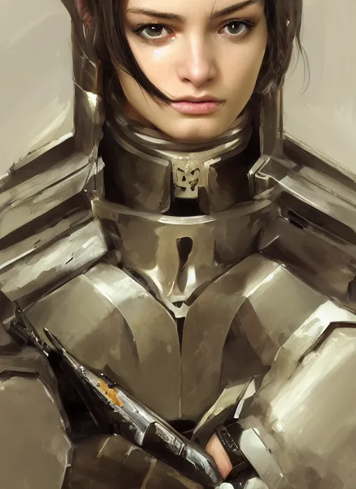 Image similar to a professional painting of a beautiful young female, clothed in military armor, olive skin, long dark hair, beautiful bone structure, symmetrical facial features, intricate, elegant, digital painting, concept art, smooth, sharp focus, illustration, from Metal Gear, by Ruan Jia and Mandy Jurgens and Artgerm and William-Adolphe Bouguerea