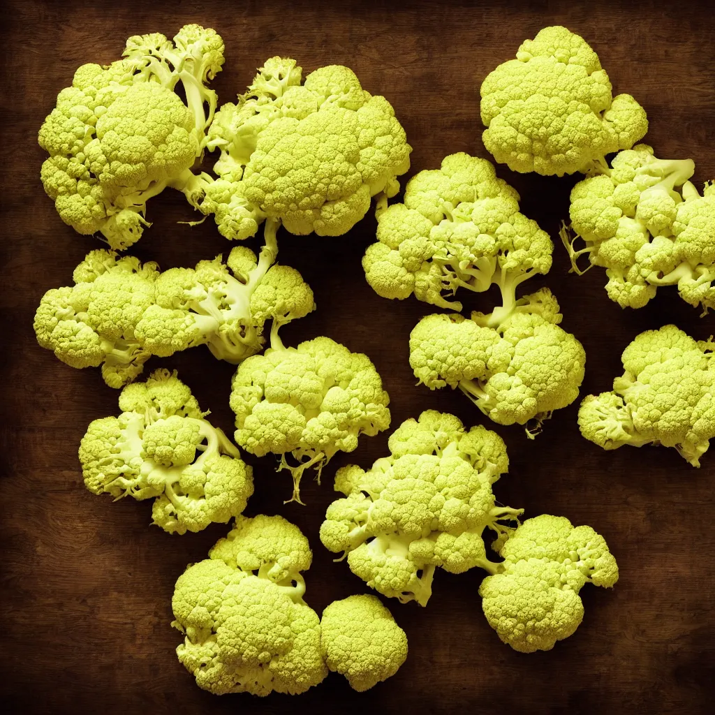 Image similar to large fractal of cauliflowers roots, over vivid dark wood table, precise, symmetrical, geometrical. food photography. super detailed. masterpiece