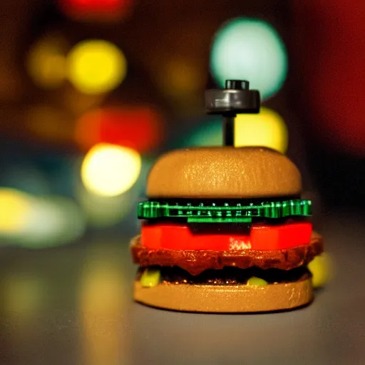 Prompt: a LEGO hamburger, photograph in a dark room, low light 35mm