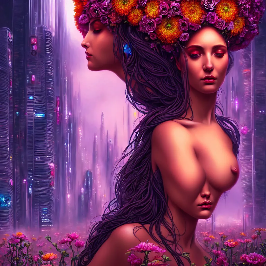 Image similar to a beautiful closeup 4K portrait painting of a flower goddess in a sensual pose, in the style dan mumford artwork, in the background a futuristic cyberpunk city is seen.