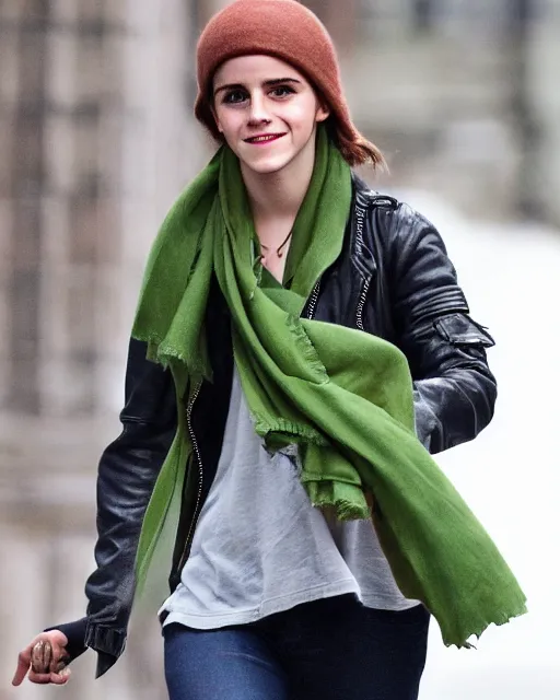 Prompt: headshot of a smiling, emma watson, she is wearing a leather bomber cap on her head, she is also wearing an a 2 flight jacket, a long green wool scarf is wrapped around her neck