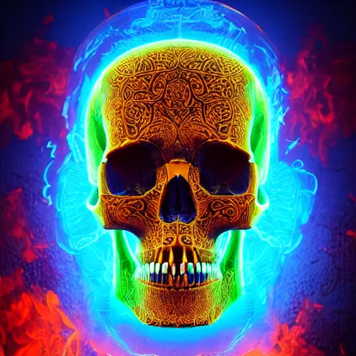 Image similar to a highly detailed human skull with intricate designs on fire in front of a neon blue background, 3 d, fire through eyes, octane render, symmetrical, hyper realism, highly detailed, digital art, artstation, concept art, cinematic lighting, strong bokeh, trending