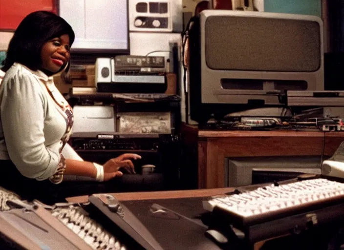 Image similar to cinematic shot of octavia spencer in an small used electronics store hands on an old electronic keyboard, iconic scene from the paranoid thriller sci fi film directed by stanley kubrick, anamorphic cinematography, beautiful composition, color theory, leading lines, photorealistic, moody volumetric light