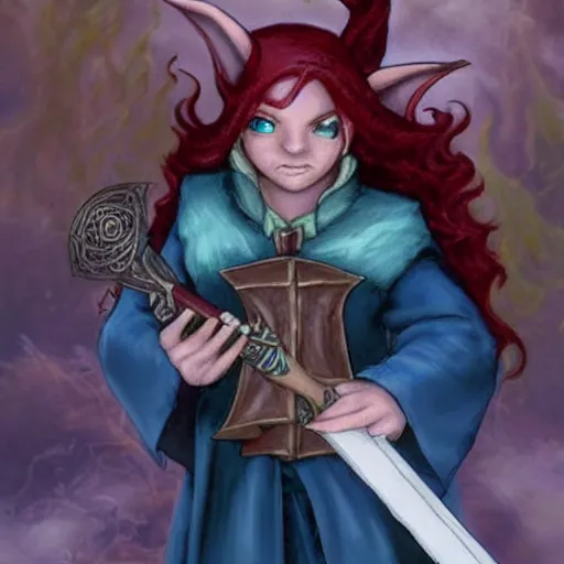 Image similar to a fantasy elf that is a wizard, holding a spell book and a dagger, with red hair, blue eyes, and is tall