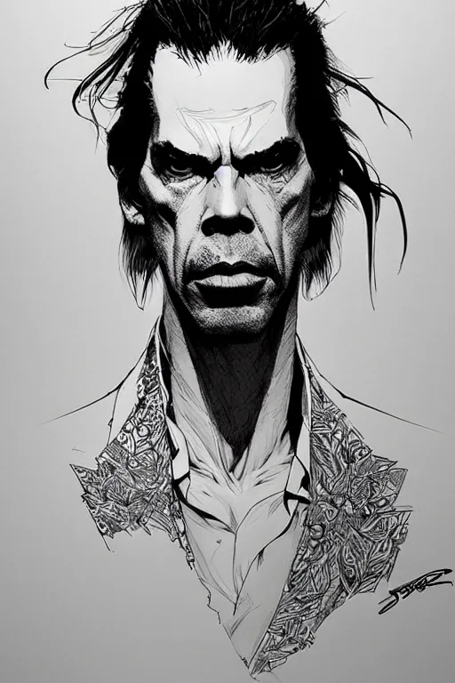 Prompt: portrait of nick cave, concept art, sumi - e style, intricate linework, artstation, trending, highly detailed, smooth, focus, art by yoji shinkawa and glenn fabry,