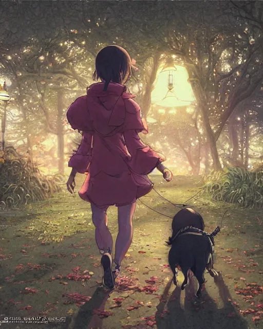 Image similar to a girl walking her small dog at the park, full shot, ambient lighting, detailed face, art by ayami kojima, makoto shinkai, kilian eng