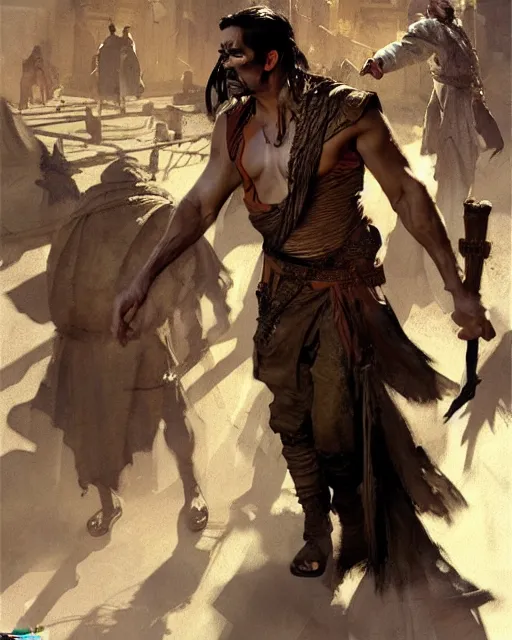 Image similar to fantasy concept art by anders zorn and craig mullins depicting colin farrell as an ancient egyptian rogue standing in a busy oriental market