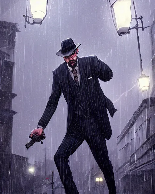 Prompt: a mysterious rugged man in a pinstripe suit holding a pistol in one hand. Pinstripe suit. Raining, street lamps, stormy, atmospheric lighting, mysterious, gloomy. By Makoto Shinkai, Stanley Artgerm Lau, WLOP, Rossdraws, James Jean, Andrei Riabovitchev, Marc Simonetti, krenz cushart, Sakimichan, D&D trending on ArtStation, digital art.