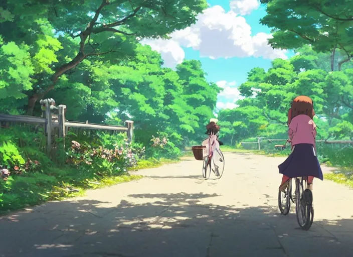 Prompt: a girl cycling along a path with her cat in a basket on the front of the bike, wide shot, peaceful and serene, incredible perspective, anime scenery by Makoto Shinkai and studio ghibli, very detailed