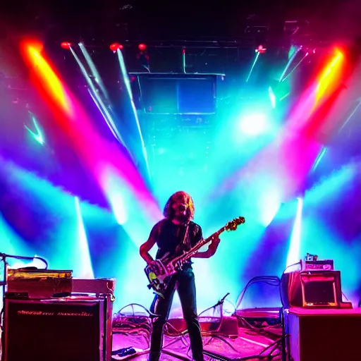 Image similar to New Age Psychedelic Rock band on stage, psychedelic lighting, award winning professional concert photography, epic, hyper realistic