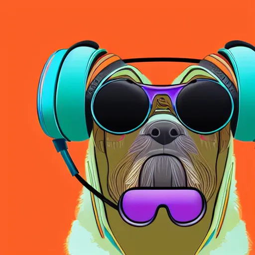 Prompt: a closeup of a dog with headphones and sunglasses in retro colors, synthwave style, 2 d digital vector art