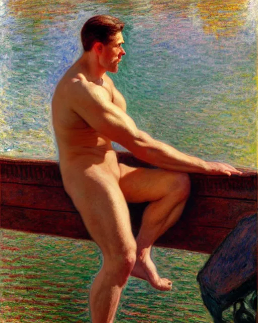 Image similar to muscular postman sitting on a dock on a lake, sunlight shining on his skin, reflective water, painting by tom of finland, gaston bussiere, craig mullins, j. c. leyendecker, claude monet
