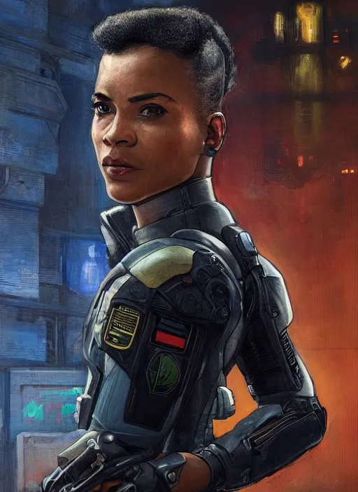 Image similar to Sgt. Sonya Igwe. Strong cyberpunk female USN marine wearing a military vest and military cyberpunk exo-suit (cyberpunk 2077, bladerunner 2049). gorgeous face. Iranian orientalist portrait by john william waterhouse and Edwin Longsden Long and Theodore Ralli and Nasreddine Dinet, oil on canvas. Cinematic, hyper realism, realistic proportions, dramatic lighting, high detail 4k