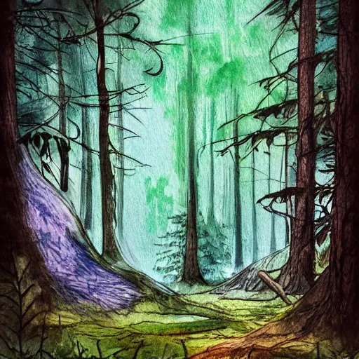 Image similar to beautiful forest, cello, watercolor, dramatic lighting, cinematic, establishing shot, extremely high detail, photo realistic, cinematic lighting, pen and ink, intricate line drawings