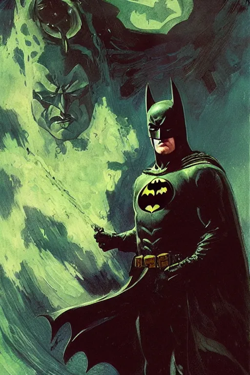 Prompt: angry batman, with dark ghost smokes around, green scary lights, sci - fi, fantasy, intricate, dark fantasy color scheme, gaston bussiere, craig mullins, j. c. leyendecker, frank frazetta, cinematic, mysterious, artgem, unreal engine