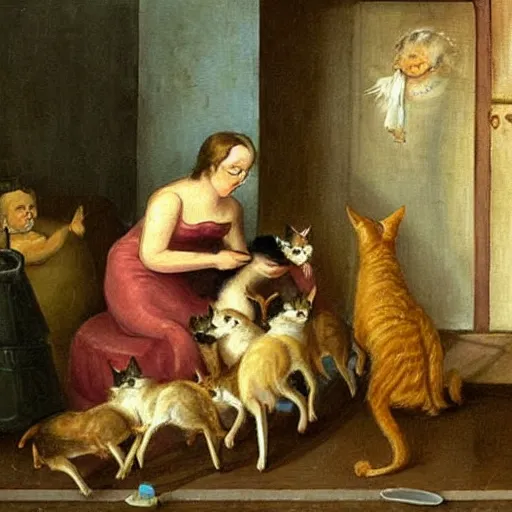 Prompt: an epic painting of a woman struggling to feed five cats in a small