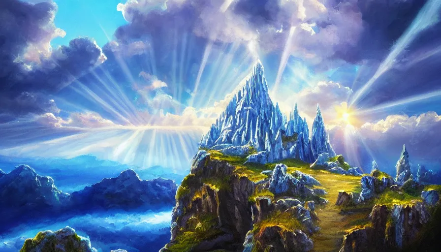 Prompt: a beautiful painting of a crystal castle set on top of a cliff, sun shining light rays thorugh the clouds, trending on artstation. blue color scheme