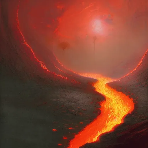 Image similar to A river of lava flowing through the amazon jungle, anato finnstark, james gurney, greg rutkowski, john howe, artstation, dramatic