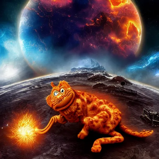 Prompt: eldritch horror bloody garfield in space, hd, 8 k, giant, epic, realistic photo, unreal engine, stars, prophecy, powerful, cinematic lighting, destroyed planet, debris, violent, sinister, ray tracing, dynamic, print, epic composition, dark, horrific, teeth, grotesque, scary, monochrome drawing