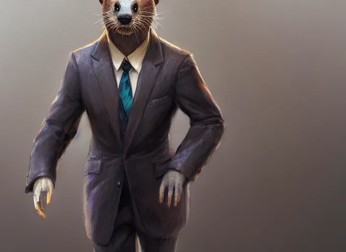 Image similar to well proportioned, stylized expressive master furry art painting by blotch and rukis of an anthro otter, headshot, wearing suit and tie, walking to his job character portrait feature stylized by charlie bowater, ross tran, artgerm, makoto shinkai, detailed, soft lighting, rendered in octane