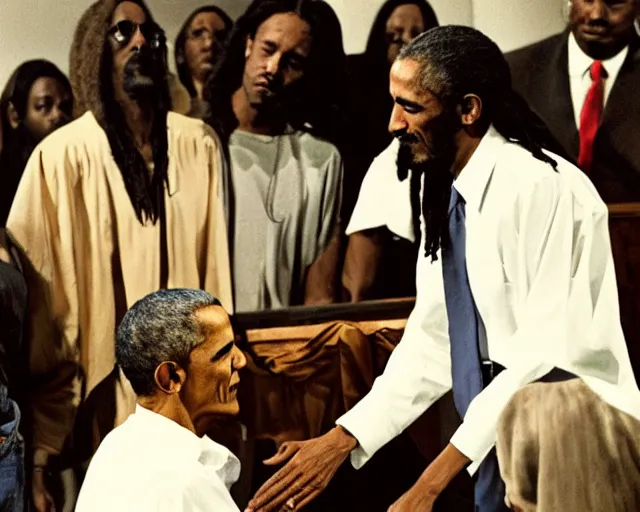 Image similar to obama the snoop dogg pinmp. casting a holy spell on a believer. seance at a megachurch. 1970's blaxpoitation scene