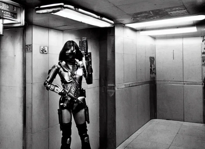 Image similar to cyberpunk cyborg girl with combat equipment and a gun for an arm, in a futuristic subway, richard avedon, tri - x pan