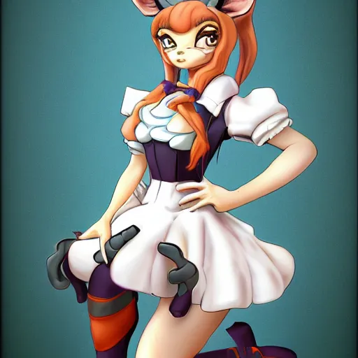 Image similar to a transhuman fox fursona wearing a maid outfit, highly detailed, by don bluth, trending on artstation, furry art