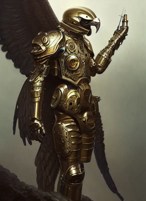 Image similar to a anthropomorphic eagle wearing scifi armor, diffuse lighting, fantasy, intricate, elegant, highly detailed, lifelike, photorealistic, digital painting, artstation, illustration, concept art, smooth, sharp focus, art by John Collier and Albert Aublet and Krenz Cushart and Artem Demura and Alphonse Mucha