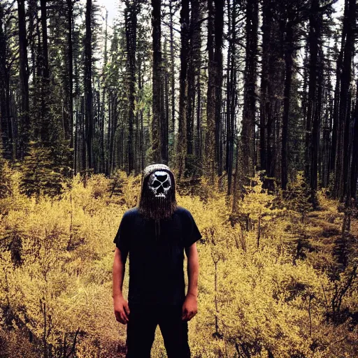 Image similar to picture of Metalhead standing in Dark boreal forest