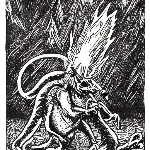 Prompt: electric rat with lightning bolt tail, a D&D monster, full body, pen-and-ink illustration, etching, by Russ Nicholson, DAvid A Trampier, larry elmore, 1981, HQ scan, intricate details, Monster Manula, Fiend Folio